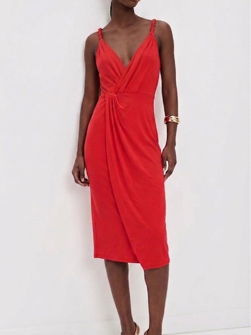 Ramy Brook Red Braided Strap Surplice Draped Midi Dress XS